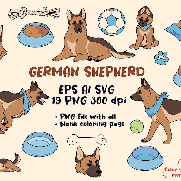 GERMAN SHEPHERD, clip art, PNG, vector, eps, ai, svg, printable, planner stickers, instant download, dogs, pets, toys, bowl, puppy, animals