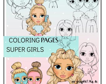 Super Girls Coloring Book: 20 Printable Pages + Stickers (Digital Download PDF Travel Size)
