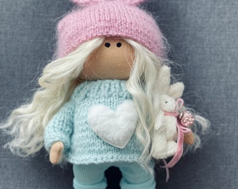 Handmade Textile Doll: Bunny Hat, Natural Hair, Home Decor