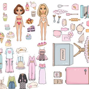 May include: A digital illustration of paper dolls with outfits and accessories. The accessories include desserts, kitchen tools, and a pink fridge. The dolls have different hairstyles and skin tones. Measurements are not applicable.