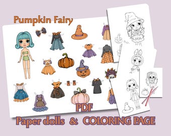 Pumpkin Fairy Paper Doll | Printable Halloween Coloring Pages & Dress-Up Activity | Kids DIY Craft, Birthday