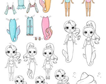 Mermaid Princess Paper Dolls – Printable Dress Up & Coloring Pages (PDF)