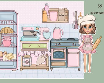 Cafetería de muñecas de papel imprimible: postres y atuendos pastel (descarga en PDF)