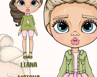 Liana Matcha pappersdockor set. Utskrivbara klädkläder för barn. Pappersdockaaktivitet för barn, gör-det-själv, klipp och lek docka. Pyssel för flickor