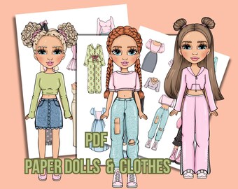 Bedruckbares Papierpuppen Bündel: Modepuppen, 50 Outfits, Malseiten (PDF) Reisespielzeug