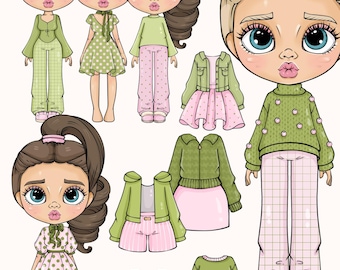 Liana Matcha Paper Dolls Set.Printable Dress Up Doll Kleidung
