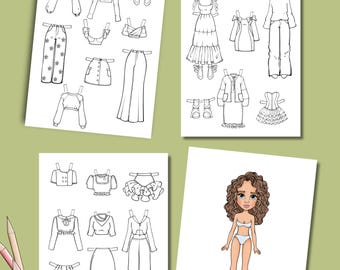 Printable Paper Doll Coloring Book: Dress-Up Outfits (Digital Download)