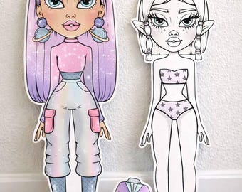 AVA Cosmic Paper Dolls Printable, Space Fashion Paper Doll Set, 12 Outfits Dress Up Doll, Coloring Paper Doll, Kids Craft Activity