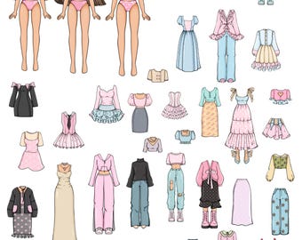 Printable Paper Dolls Bundle: Fashion Dolls, 50  Outfits, Coloring Pages (PDF) Travel toy
