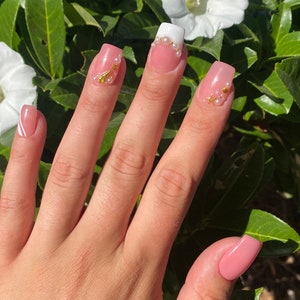 Pink and white French tips, swirly, gold and pearl beach vibes, hand painted gel press-on nails