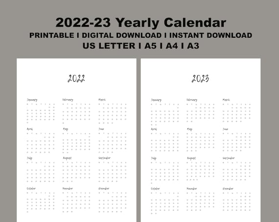 2022-23 Calendar Printable Yearly Calendar Modern Calendar | Etsy