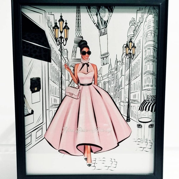 A Stroll through Paris in Pink Fashion Wall Art Print, Fashion Illustration