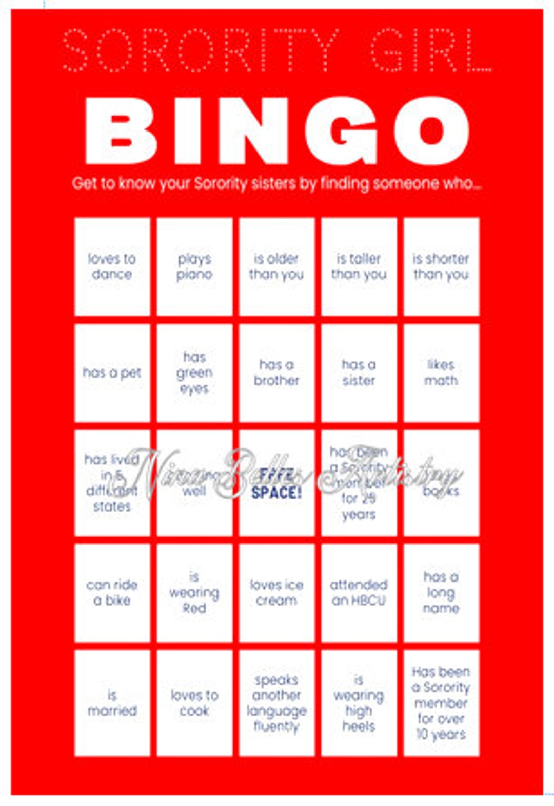 Sorority Girl Bingo24 Cards, DST, DST Games, Pretty Girl, Delta Sigma