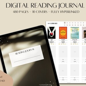 May include: A digital reading journal with 480 pages and 10 covers. The journal is fully hyperlinked and includes a "My Library" section with a list of books and their ratings. The journal is displayed on a tablet with a brown background.