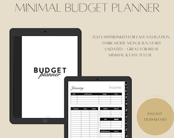 Puede incluir: Una maqueta de planificador digital en la pantalla de una tableta. El planificador se titula "BUDGET planner" y presenta un rastreador de presupuesto mensual para enero. El planificador está completamente hipervinculado para una fácil navegación, tiene un modo oscuro, no está fechado y es minimalista y fácil de usar.