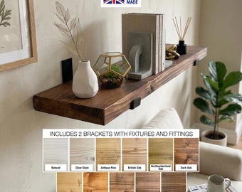 Solid Wooden Rustic Shelf Handmade With Heavy Duty Brackets Wood Board Shelves UK Handcrafted Home decor Wall Shelf 4.3cm Thick