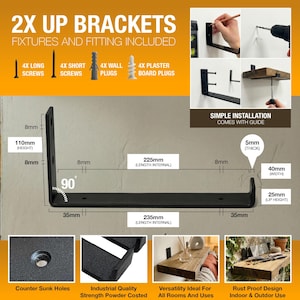 Black metal shelf brackets with fixings. The brackets are 110mm high, 235mm long, and 40mm wide. The image text reads "2X UP BRACKETS" and "SIMPLE INSTALLATION COMES WITH GUIDE".