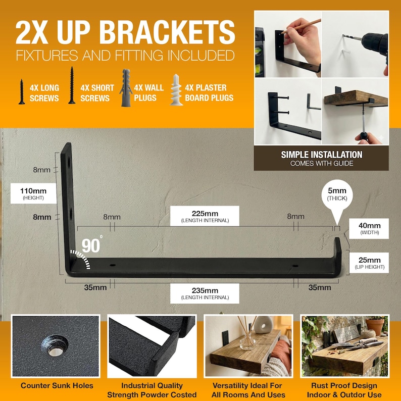 Black metal shelf brackets with fixings. The brackets are 110mm high, 235mm long, and 40mm wide. The image text reads "2X UP BRACKETS" and "SIMPLE INSTALLATION COMES WITH GUIDE".
