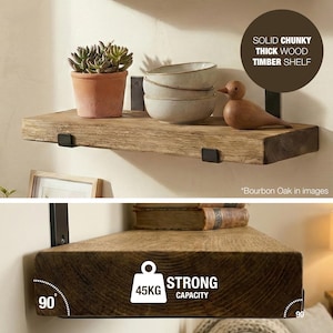 A solid, chunky, thick wood timber shelf with black metal brackets. The shelf is made of Bourbon Oak and holds a small succulent in a terracotta pot, ceramic bowls, and a wooden bird. The shelf has a strong capacity of 45kg.