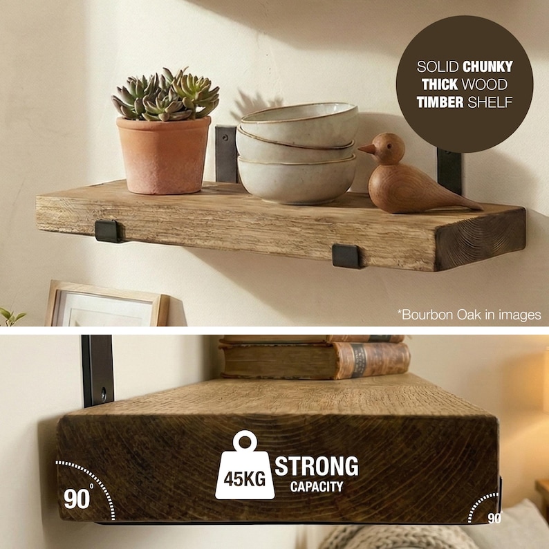 A solid, chunky, thick wood timber shelf with black metal brackets. The shelf is made of Bourbon Oak and holds a small succulent in a terracotta pot, ceramic bowls, and a wooden bird. The shelf has a strong capacity of 45kg.
