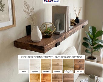 Solid Wooden Rustic Shelf Handmade With Heavy Duty Brackets Wood Board Shelves UK Handcrafted Home decor Wall Shelf 4.3cm Thick