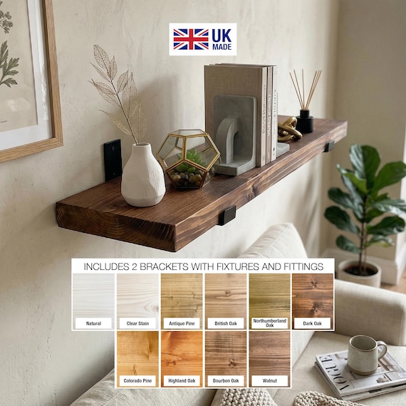 Solid Wooden Rustic Shelf Handmade With Heavy Duty Brackets Wood Board Shelves UK Handcrafted Home decor Wall Shelf 4.3cm Thick