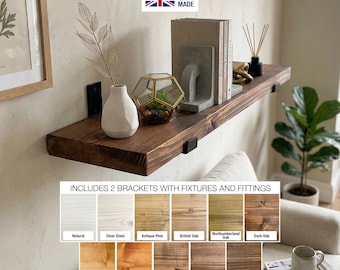 Solid Wooden Rustic Shelf Handmade With Heavy Duty Brackets Wood Board Shelves UK Handcrafted Home decor Wall Shelf 4.3cm Thick