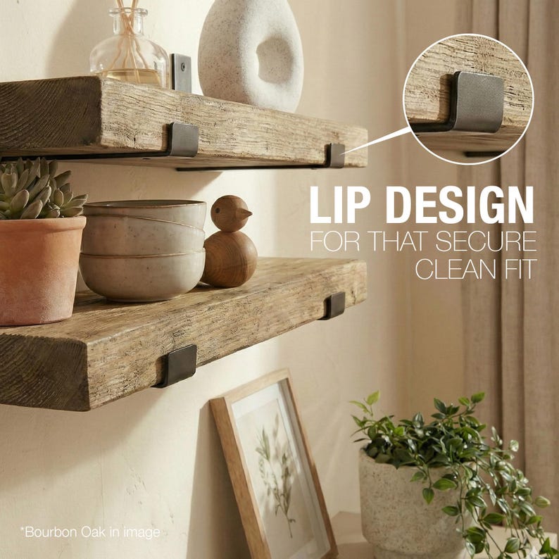 Two wooden shelves with a rustic finish are fixed to a wall with black metal brackets. The shelves display decorative items like a potted succulent, ceramic bowls, and a wooden bird. The image text says "LIP DESIGN FOR THAT SECURE CLEAN FIT."