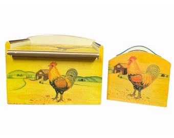 Vintage Rooster Recipe Box w Recipe Cards & Coasters Farmhouse Kitchen Decor Set