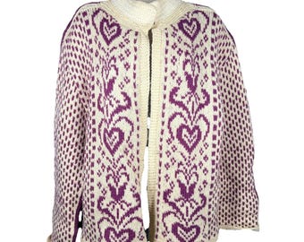 Vintage Nordic Heart Wool Cardigan Large Purple Cream Fair Isle Knit Romantic