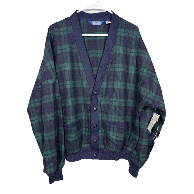 Pendleton NWT Sweater Mens XL Black Watch Plaid Wool Cardigan USA Vintage 90s image 1