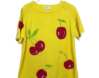 Vintage Quacker Factory Sweater Womens L Yellow Cherry Beaded Knit Cute Spring