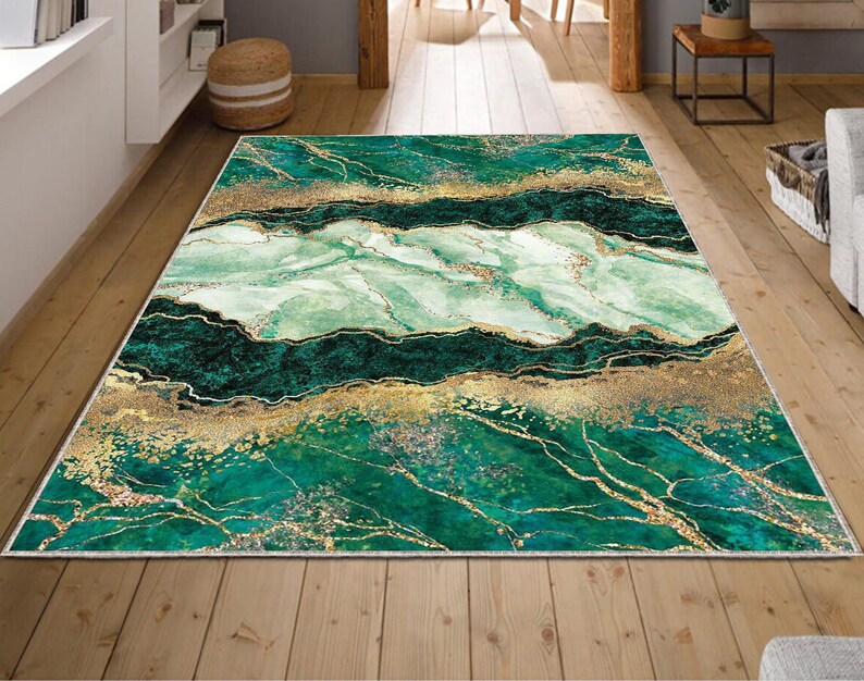 Emerald Green and Gold Marble Texture Rug Area Rug Custom Etsy
