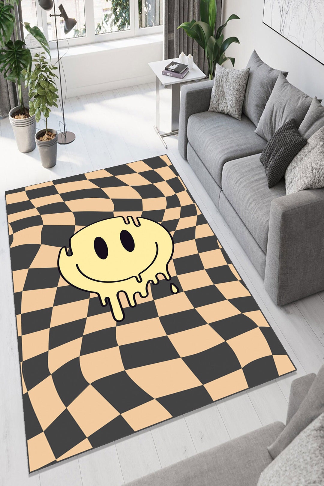 Retro Happy Smile Checkered Rug, Checkered Rug, Checkered Design ...