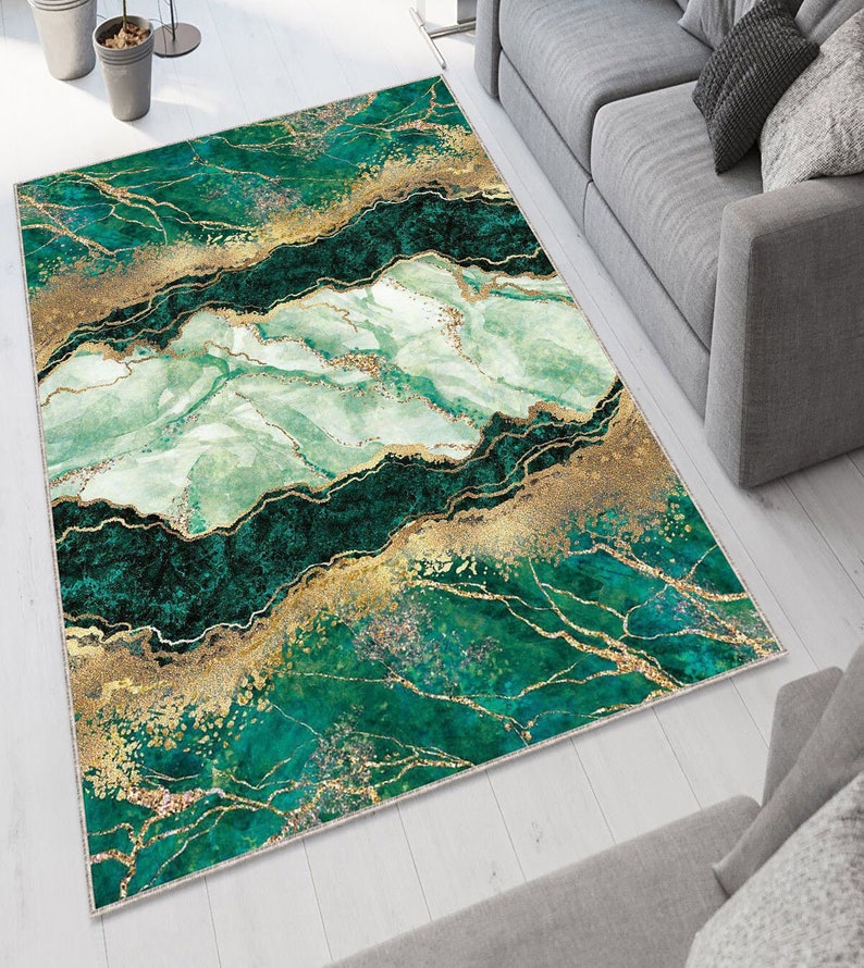Emerald Green and Gold Marble Texture Rug Area Rug Custom Etsy
