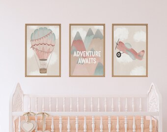 Set of 3 Adventure Awaits Prints, Whimsical, Girl Wall Art Digital Prints, Nursery Decor, Watercolor Digital Print, Instant Download