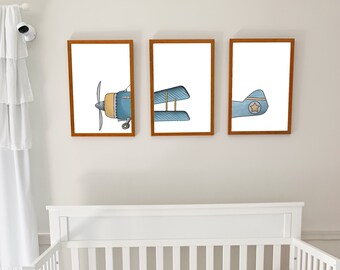 Set of 3 Plane Prints, Boy Wall Art Digital Prints, Plane Decor, Nursery Watercolor, Kids Bedroom Decor, Instant Download