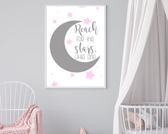 Reach for the Stars Nursery Decor, Baby Girl Wall Art, Nursery Artwork, Stars and Moon Theme, Instant Download
