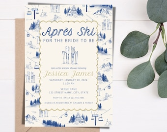 Apres Ski Bridal Shower Invitation, Blue Toile Bridal Shower, Elegant Bridal Shower, Ski Theme Shower, Vintage Ski Invite, Instant Download