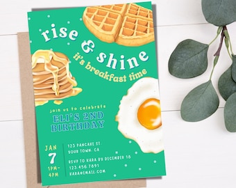 Editable Kids Birthday Invitation, Rise and Shine Breakfast Time, Green Breakfast Birthday Party, Any Age, Boys Birthday, Instant Download