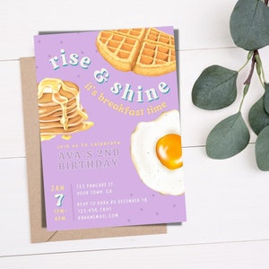 Editable Kids Birthday Invitation, Rise and Shine Breakfast Time, Purple Breakfast Birthday Party, Any Age, Girls Birthday, Instant Download