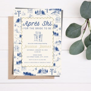 Apres Ski Bridal Shower Invitation, Blue Toile Bridal Shower, Elegant Bridal Shower, Ski Theme Shower, Vintage Ski Invite, Instant Download