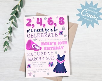 May include: Pink and blue cheerleading themed birthday invitation with the text "2, 4, 6, 8 we need you to CELEBRATE please join us to celebrate EMMA'S 10TH BIRTHDAY SATURDAY MARCH 4, 2023 emma's house 1234 street state, ca rsvp to Emma's mom 123.456.7891"