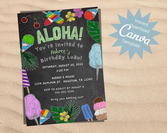 Editable Kids Birthday Invitation, Luau Party, Birthday Luau, Summer Birthday Invitation, Luau Invitation Template, Instant Download