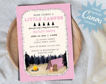 Little Camper Baby Shower Invitation, Camper Invite, Woodland Animals Baby Shower, Pink Camping Invitation, Editable Instant Download