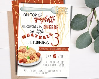 Spaghetti and Meatball Party Invitation, Customizable Kids Birthday Invite, Third Birthday Invitation, Instant Download Template