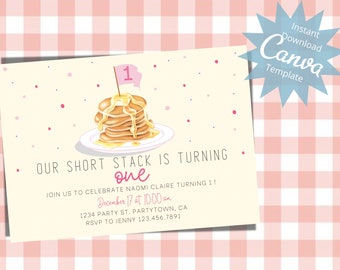 Editable Pancake Birthday Invitation, Shortstack Invite, Pancake Breakfast Birthday, Brunch, Girls Bday, Any Age, Instant Download Template