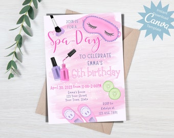 Girl Spa Day Invitation, Spa Birthday Invite, Pink Spa Slumber Party Invite, Glam and Makeup Birthday, Any Age, Editable Instant Download