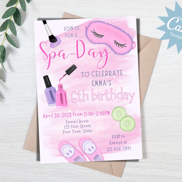 Girl Spa Day Invitation, Spa Birthday Invite, Pink Spa Slumber Party Invite, Glam and Makeup Birthday, Any Age, Editable Instant Download