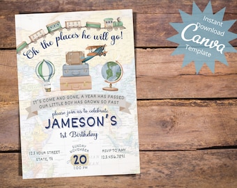 Oh the Places He’ll Go Invitation, Boys 1st Birthday Invite, Adventure Awaits, Travel Birthday Invite, Instant Download Template